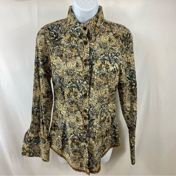 Georg Roth Long Sleeve Snap Front Floral Print Top Cream Purple Multi Size XS - Picture 1 of 5